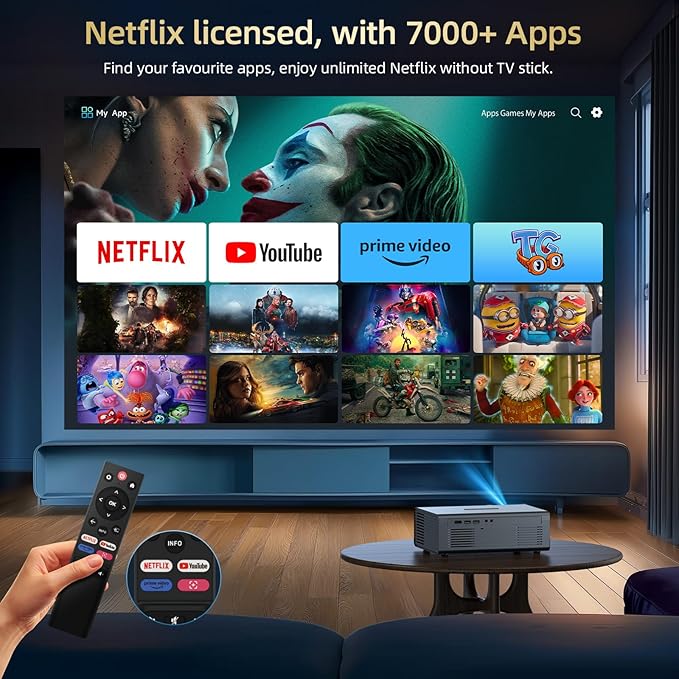 [Netflix Officially & Dolby Audio] Smart Projector with WiFi6 and Bluetooth5.3, Electric Focus & Auto Keystone 4K Support, High Brightness Movie Projectors, Native 1080P Proyector Built-in Apps