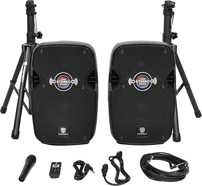 PRORECK 10-Inch Stereo Speakers, 850W Peak Power Bluetooth PA Speaker, with Wired Microphone, Speaker Stands & Remote – Portable DJ Speaker for Parties, Events, Karaoke, Outdoor Use