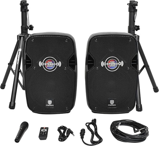 PRORECK 10-Inch Stereo Speakers, 850W Peak Power Bluetooth PA Speaker, with Wired Microphone, Speaker Stands & Remote – Portable DJ Speaker for Parties, Events, Karaoke, Outdoor Use