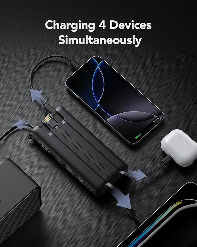 VRURC Portable Charger 20000mAh, Built-in Cable Fast Charging Power Bank, PD QC 3.0 Travel Essentials Battery Pack, 4 Output & 2 Input Phone Charger for iPhone,Samsung, Android-Black