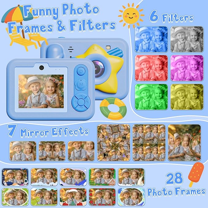 Underwater Camera, 48MP 5FT Waterproof Digital Camera with 32GB Card, Autofocus Floatable Waterproof Camera with HD Screen, 8X Digital Zoom, for Kids Water Park, Swimming (Star Style, Blue)