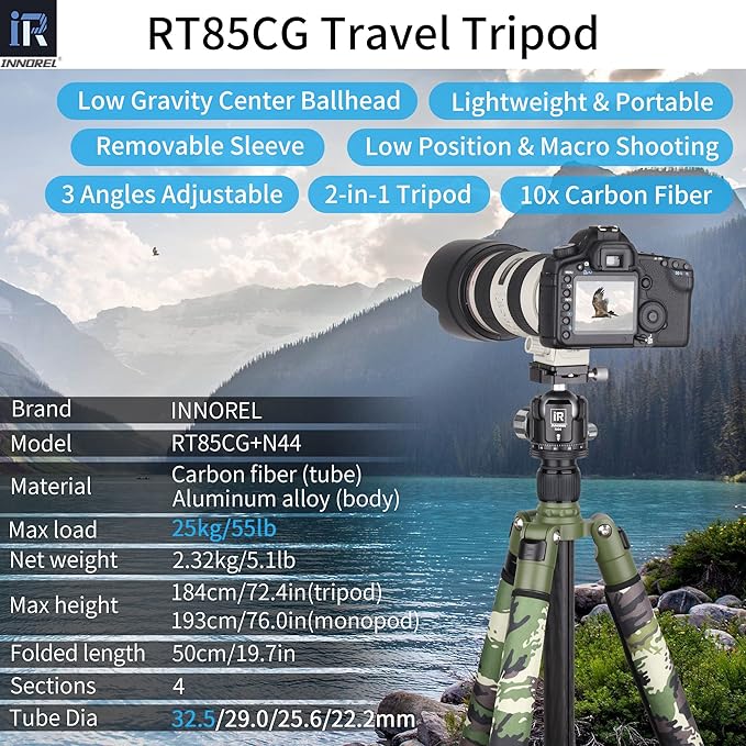 Carbon Fiber Tripod-INNOREL RT85CG Super Professional Stand with Low Gravity Center 360° Panoramic Ballhead and Green Camouflage Leg Covers for Digital DSLR Camera