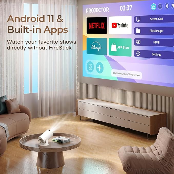 Built-in Apps & 2025 Upgraded Smart Projector with Wi-Fi 6 & Bluetooth 5.4, 1080P 4K Support Full HD, Auto Keystone 360° Portable Home Cinema Mini Projector for iOS/Android OptiBarrel 500