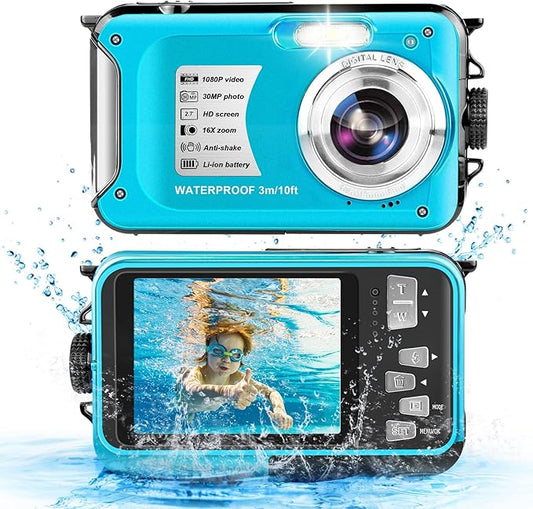 Waterproof Camera 10FT Underwater Camera 30MP 1080P FHD Video Resolution 16X Zoom Waterproof Digital Camera for Snorkeling,Vacation(Green)