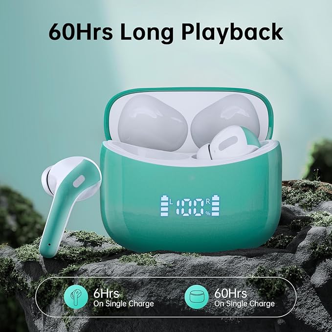 Wireless Earbuds, Bluetooth Ear Buds Headphones, 60H Long Playtime, Stereo Deep Bass, LED Power Display, IPX7 Sport Waterproof, Lightweight in-Ear Earphones with Mic for iPhone Android PC TV Computer