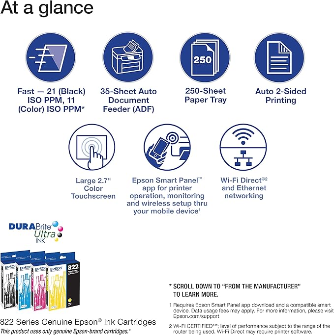 Epson Workforce Pro WF-3823 Wireless All-in-One Printer with Auto 2-Sided Printing, 35-Page ADF, 250-Sheet Paper Tray and 2.7" Color Touchscreen, Black