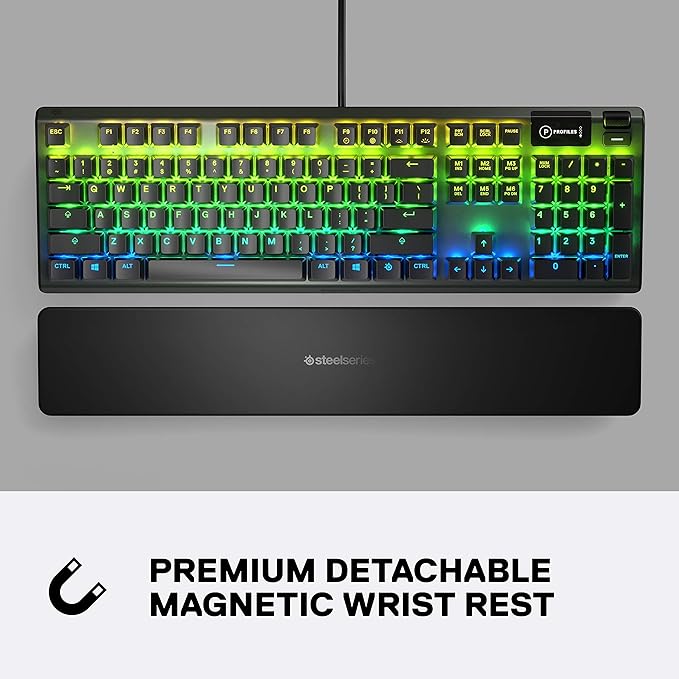 SteelSeries USB Apex 5 Hybrid Mechanical Gaming Keyboard – Per-Key RGB Illumination – Aircraft Grade Aluminum Alloy Frame – OLED Smart Display (Hybrid Blue Switch)