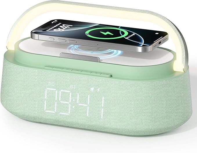 FREEFISH Bluetooth Speaker with Fast Wireless Charger,FM Radio,Touch LED Night Light,Phone Holder,Snooze, Portable Wireless Speaker for Bedrooms Office Home, Gifts