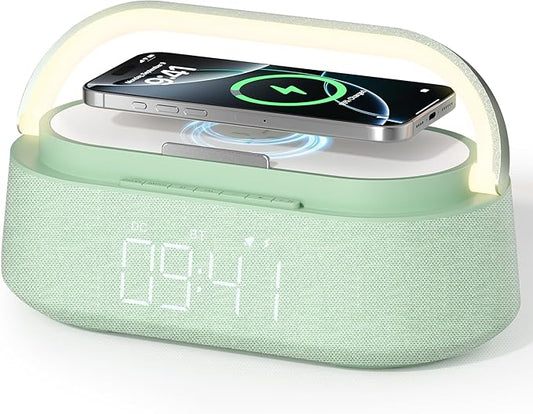 FREEFISH Bluetooth Speaker with Fast Wireless Charger,FM Radio,Touch LED Night Light,Phone Holder,Snooze, Portable Wireless Speaker for Bedrooms Office Home, Gifts