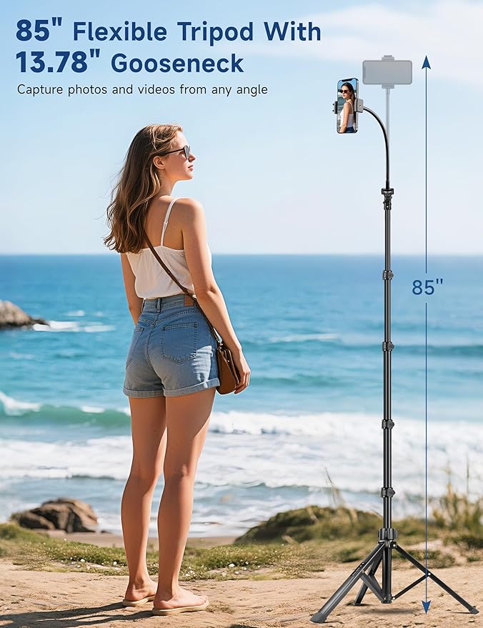 Phone Tripod Stand, 85" Tall Cellphone Tripod for iPhone with Gooseneck Remote, Flexible Portable Phone Stand for Recording, Compatible with iPhone 14 13 12 pro Android Camera