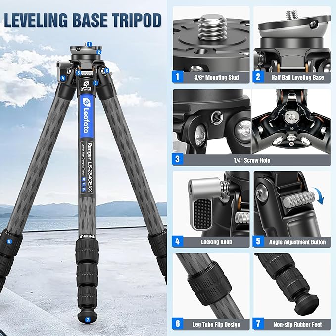 Compact Carbon Fiber Tripod with Leveling Base for Camera, 360° Rotating Portable Tripod with 3/8" Screw for Sport Camera/Phone Holder/Projector, A Bubble Level, Folded Length 21.06", Max Load 22LB