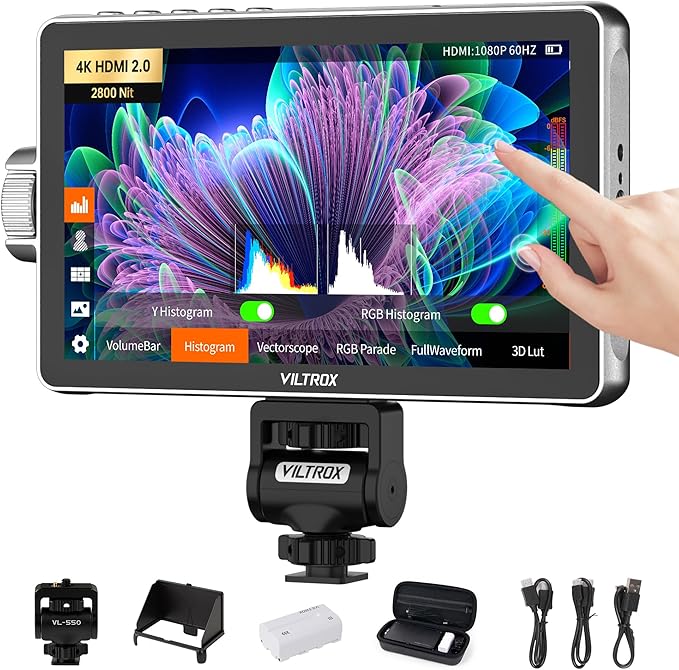 VILTROX DC-A1 2800 Nit Camera Monitor, 7 inch HD 1920x1080 IPS Touch Screen Camera Field Monitor with 4K HDMI 2.0 in/Out, 3D LUT, Focus Peaking, Video Assist, HDR Full Waveform, F550 Battery