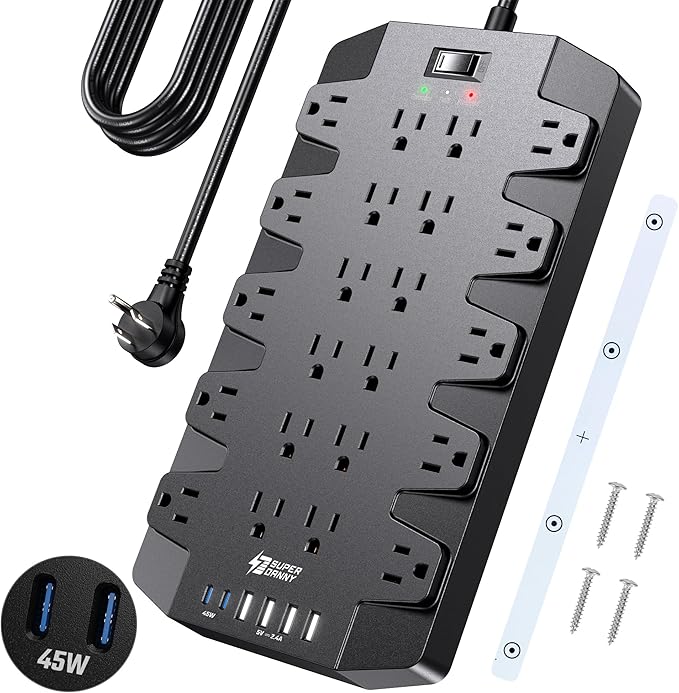 SUPERDANNY Power Strip Surge Protector with 10ft Extension Cord - 22 Outlets, 6 USB Ports, 45W Fast Charging - 1875W/15A, 2100J, 45°Plug, Mountable - Ideal for Home, Office, Gaming, PC, Streaming