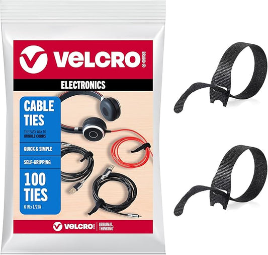 VELCRO Brand Reusable Cable Ties, 100 Pack 6 Inch Cable Management Ties, Cord Wraps for Electrical Cords, Black