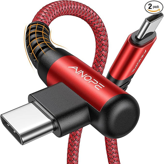 AINOPE USB C Cable 60W 2-Pack 6.6ft Nylon Braided USB C to USB C Cable Type C Charger Fast Charging Right Angle USBC Cable Charger Cord for iPhone 16 Pro Max 15 Plus Samsung S24 S23 iPad Pro Red