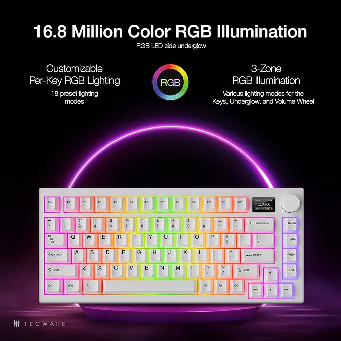 TECWARE Spectre 75% RGB Mechanical Gaming Keyboard with Customizable LCD Screen, Multi-Function Knob, Gasket Mount, South Face 5-Pin Universal Hot-Swappable Sockets White Candy Red Switch
