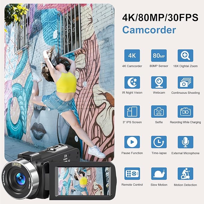 Camcorder Video Camera 4K HD 80MP Vlogging Camera for YouTube IR Night Vision Camera 18X Digital Zoom 3.0 IPS Screen Video Recorder with 32GB SD Card, 2 Batteries, Remote Control, and Stabilizer