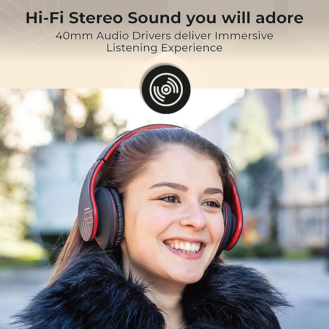 PowerLocus Bluetooth Over-Ear Headphones, Wireless Stereo Foldable Headphones Wireless and Wired Headsets with Built-in Mic, Micro SD/TF, FM for iPhone/Samsung/iPad/PC (Black/Red)