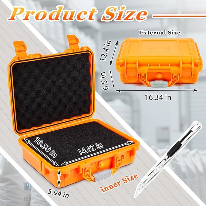 16.3 x 12.4 x 6.5 Inch Waterproof Hard Case with DIY Customizable Foam Insert Portable Protective Case with Knife for Camera Drones Equipments Tools Test Instruments (Orange)