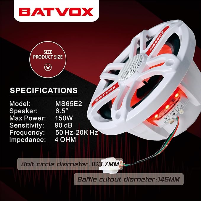 MS65E2 6.5 Inch Marine Speakers with 7-Color LED Lights，2 Way IP67 Waterproof and Weather Resistant Outdoor Stereo Sound System with 300 Watt Max, White (2 Speakers)