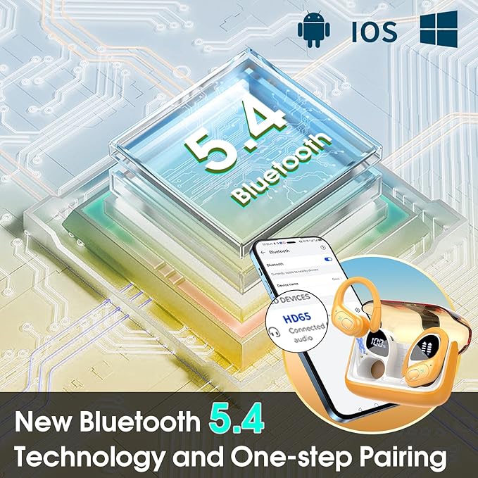 Wireless Earbuds 75hrs Bluetooth 5.4 Headphone Sport, 2025 Bluetooth Earbuds Stereo Deep Bass Over Ear Bud with Earhooks, ENC Noise Cancelling Mic, IPX7 Waterproof Earphone, Yellow