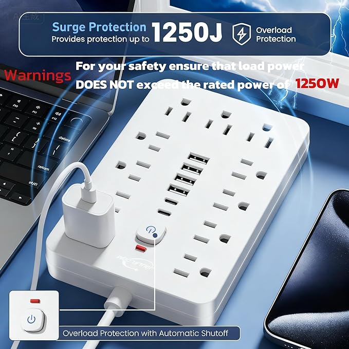 20 FT Flat Plug Surge Protector Power Strip,11 Multiple AC Outlets with 6 USB Ports (2 USB C), 20 Feet Extension Cord, 1250W/10A, One Touch Switch Button, White