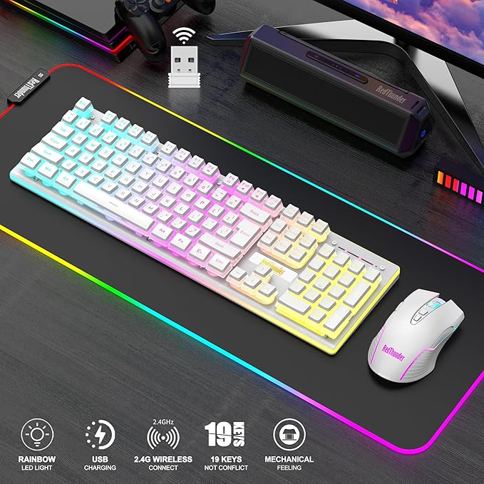 RedThunder K10 Wireless Gaming Keyboard and Mouse Combo, RGB Backlit Rechargeable 3800mAh Battery, Mechanical Feel Anti-ghosting Keyboard + 7D 3200DPI Mice for PC Gamer(White Pudding)