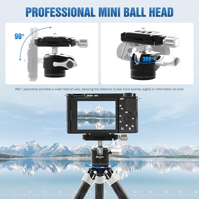 Carbon Fiber Mini Table Tripod with 360° Ball Head for Camera, Lightweight Desktop Tripod with Panoramic Base, 1/4" Arca QR Plate for Phone Adaptor/Projector/SLR, Max Height 10.43", Max Load 11LB/5KG