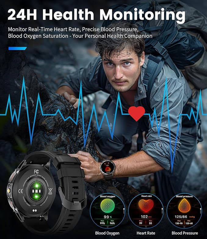 LIGE Military Smart Watch for Men iPhone Android 1.43" HD Amoled Rugged 120+ Sport Modes IP68 Waterproof Answer/Make Call Fitness Running Heart Rate Blood Pressure Health Mens Smartwatch EF6-E