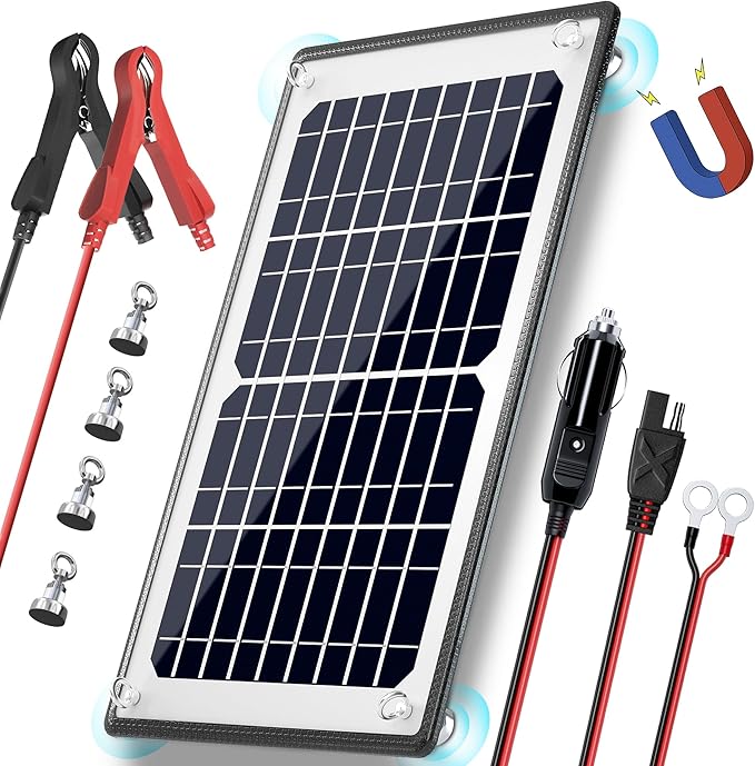 POWOXI 10W 12V Magnetic Solar Battery Trickle Charger Maintainer, Built-in MPPT Intelligent Charge Controller, Waterproof Solar Trickle Charger Alligator Clip for Car RV Motorcycle Marine, etc.