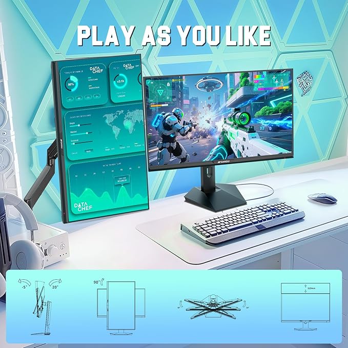 SANSUI 27 inch WQHD 200Hz 180Hz Gaming Monitor 2560×1440P-AMD FreeSync 1ms DCI-P3 95% Fast IPS Computer Monitor,Height Adjustable Vertical/Horizontal Rotating, 2×DisplayPort/HDMI 丨HDR丨Low Motion Blur