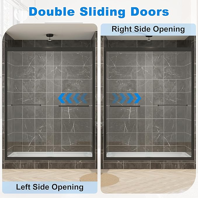 56-60" W x 72" H Shower Door Bathroom Double Sliding Shower Door 1/4"(6mm) Thick Tempered Glass Shower Door with Stainless Steel Handle for Walk-in Shower, Matte Black