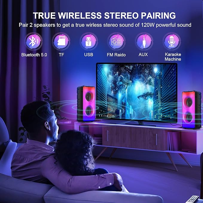 Bluetooth Speakers, 60W(80W Peak) Portable Loud Wireless Stereo Speaker with Rich Bass, Bluetooth 5.0, FM Radio, Colorful Light, TWS Pairing, EQ, 10000mAh Battery, Outdoor Speaker for Home Party Gift