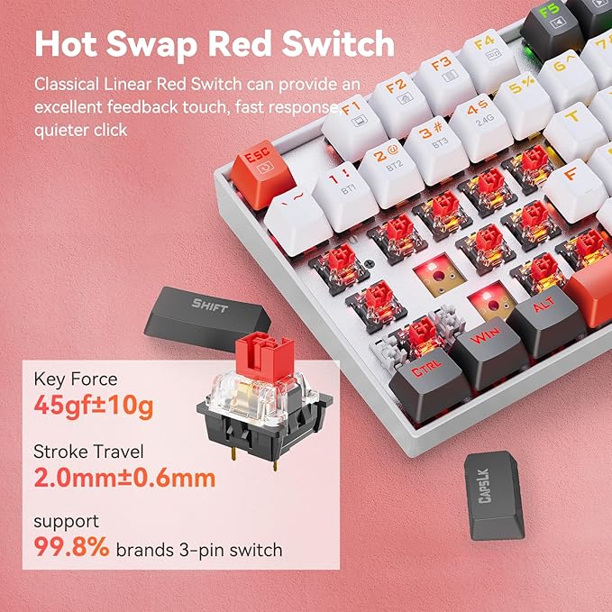 Redragon Wireless Gaming Keyboard, BT/2.4Ghz Tri-Mode Mechanical Keyboard with Aluminum Pannel, Hot-Swap Red Switch, Programmable 87 Keys TKL, LED Rainbow Backlit - K552WLR-KRS(Neo Nocturne)