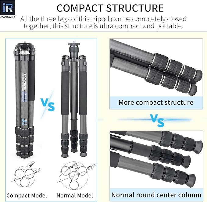 Carbon Fiber Tripod INNOREL KT324C Professional Portable Compact Travel Tripod for DSLR Camera Heavy Duty Stand Support 1.28in/32.5mm Tube with Low Gravity Center Panoramic Ball Head Center Column