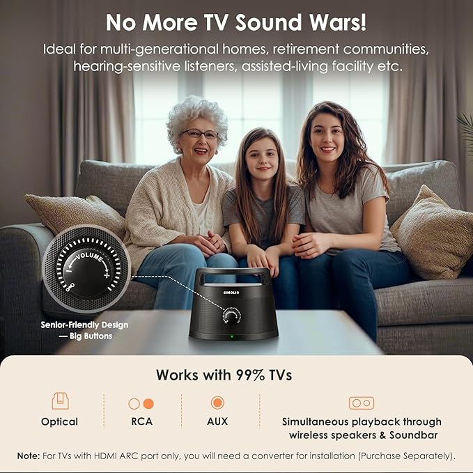 SIMOLIO 621D Plus Wireless Speakers for TV for Seniors - Bluetooth TV Speakers for Hard of Hearing, Elderly, 3 EQ Modes, Dialog Enhancer, Portable Speaker for TVs, 164ft Range, Bluetooth Connectivity