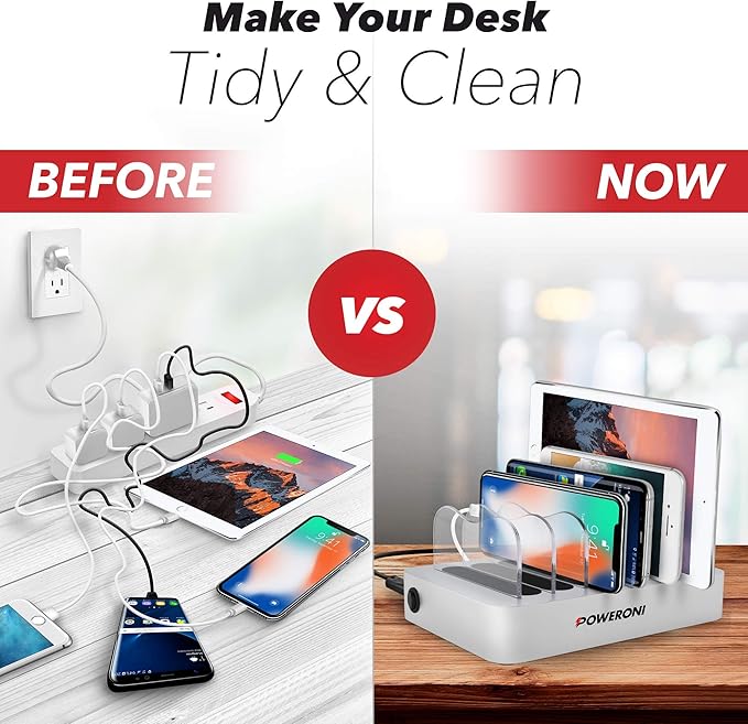 USB Charging Station Dock - 6-Port - Fast Charge Docking Station for Multiple Devices - Multi Device Charger Organizer - Compatible with Apple iPad iPhone and Android Cell Phone and Tablet