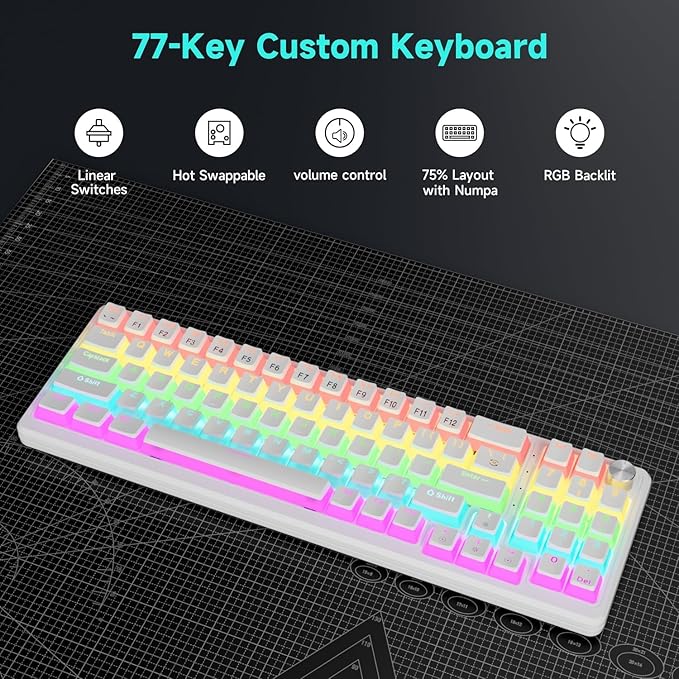 75% Mechanical Gaming Keyboard Wired, 77 Keys Anti-Ghosting, Hot Swappable Red Switch & Ergonomic Design, Rainbow LED Backlit Mechanical Keyboard for PC, Laptop, Gaming, Office