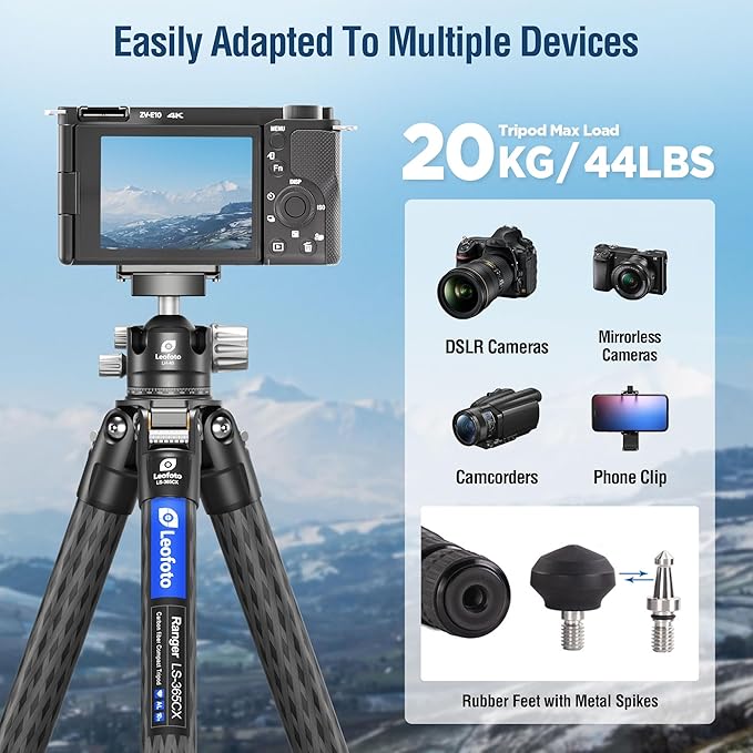 LEOFOTO LS-365CX Professional Camera Tripod, 3/8" Mounting, Folded 3", Length 60”, 5 Section, Compact Carbon Fiber 1.77kg Lightweight Tripod Stand for DSLR Video Camcorder, Max Load 44lbs/20kg