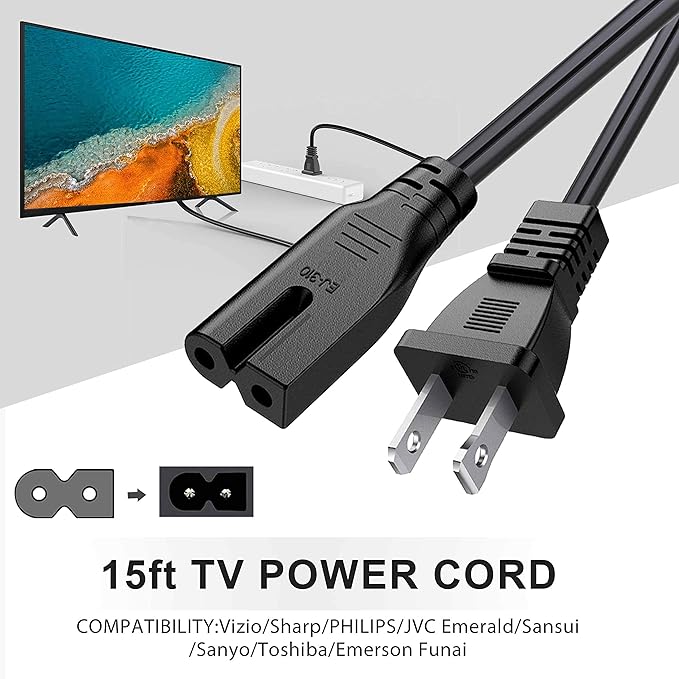 BICMICE 15Ft Extra Long 2 Prong Polarized Power Cord for Vizio-LED-TV Smart-HDTV E-M-Series Sound Bar 2 Slot Adapter-AC-Wall-Cable:IEC-60320 IEC320 C7 to NEMA 1-15P for Sharp Philips LED TV PS1 PS2