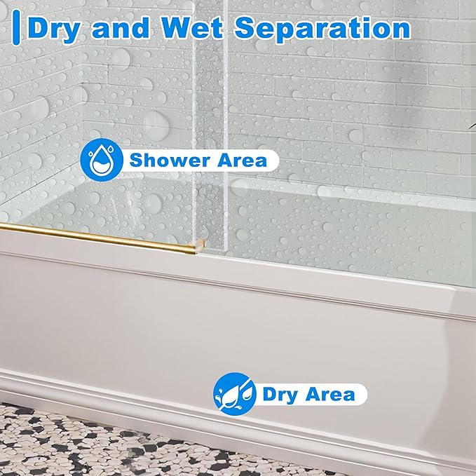 56-60" W x 66" H Tub Shower Door Bathroom Sliding Shower Door 5/16"(8mm) Thick Tempered Glass Shower Door with Double Stainless Steel Handles for Bathtub, Brushed Gold