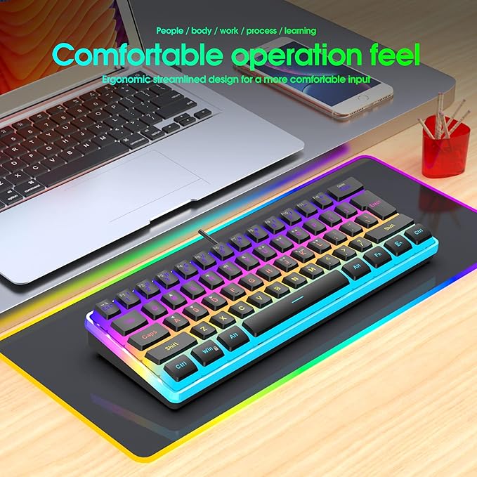 Snpurdiri 60% Wired Gaming Keyboard, Pudding Keycaps with Translucent Layer,RGB Ultra-Compact Mini Keyboards, Waterproof Small 61 Keys Keyboard for Office/Gaming(Black)