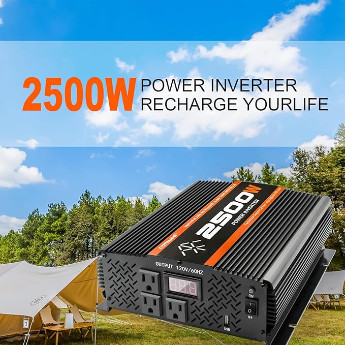 2500W Inverter 12V DC to 120V AC Converter for Home, RV, Truck, Off-Grid Solar Power Inverter with Built-in 5V/2.1A USB, AC Hardwire Port, Remote Controller