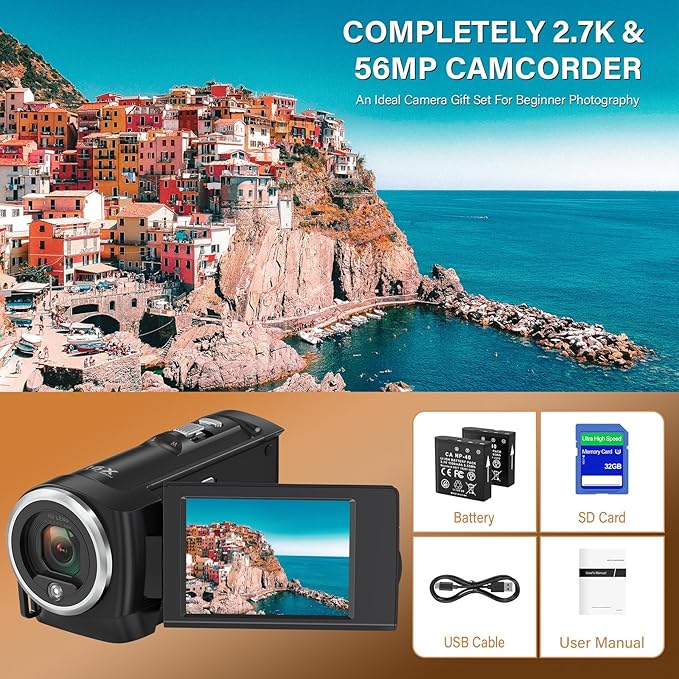 Camcorder Video Camera QHD 2.7K 56MP 16X Digital Zoom Vlogging Camera with LED Fill Light for YouTube, 2.8 Inch 270 Degree Rotation LCD Screen Camcorder with 32GB SD Card and Two Batteries