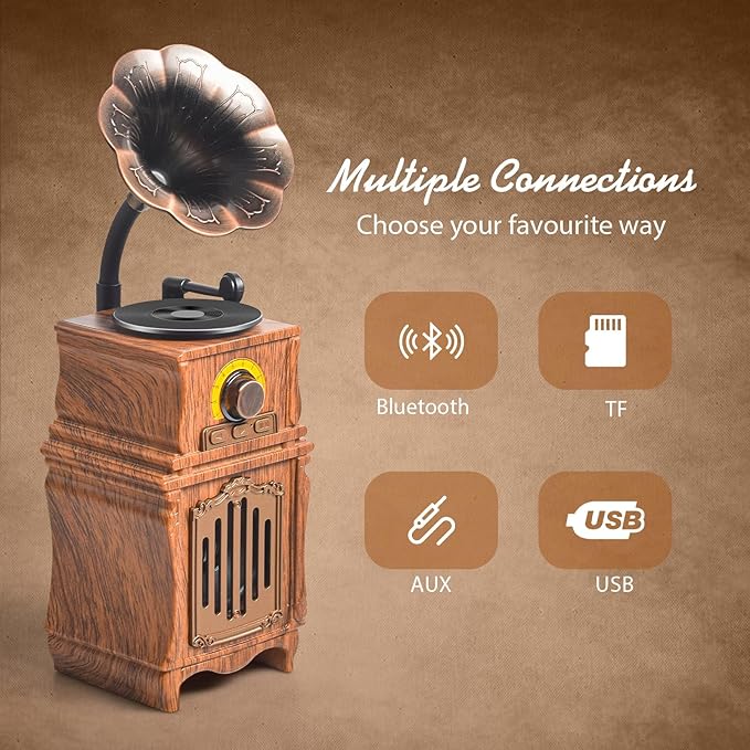 Retro Bluetooth Speaker with FM Radio, Bass, Retro Radio 5.3 Wireless Speaker Vintage Radios Support USB/TF/AUX Player for Home Office Room Outdoor Party, Portable Rechargeable