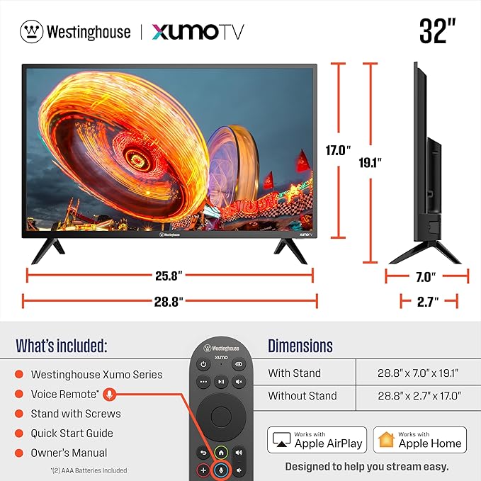 Westinghouse 32-inch Smart TV, HD Xumo TV with Voice Remote, Flat Screen Television w/Dolby Atmos, Blueooth, Apple AirPlay, Wi-Fi & Mobile Connectivity