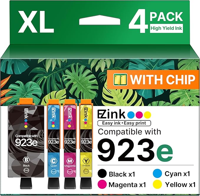 E-Z Ink 923XL 923e 923 Ink cartridges Replacement for hp 923xl Ink cartridges Combo Pack for hp officejet pro 8130e 8125e 8135e 8138e 8139e 8122e Printers(4 Pack Black and Color Combo Pack with Chip)