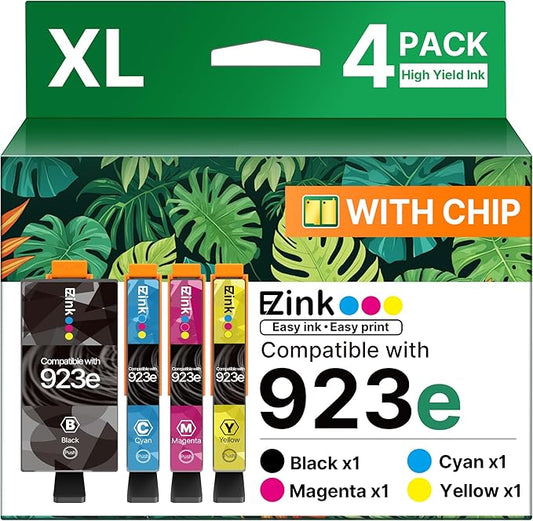 E-Z Ink 923XL 923e 923 Ink cartridges Replacement for hp 923xl Ink cartridges Combo Pack for hp officejet pro 8130e 8125e 8135e 8138e 8139e 8122e Printers(4 Pack Black and Color Combo Pack with Chip)