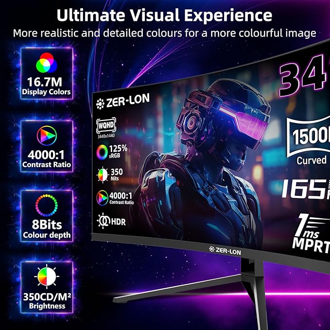 34 inch Curved Gaming Monitor, 21:9 WQHD 3440×1440 165Hz Ultrawide Computer Monitors, 1500R 1ms(MPRT), 125% sRGB, 350nits, FreeSync, HDMI2.0 x2, DP1.4 x2, Wall Mountable/Tilt Adjustable Black