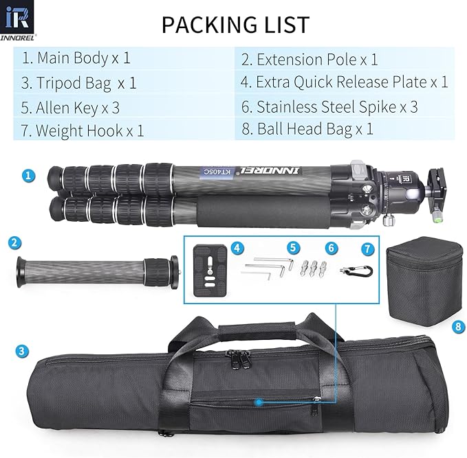 INNOREL Carbon Fiber Compact Tripod KT405C Professional 40mm Tube 5 Sections Heavy Duty Camera Stand for Digital DSLR Video Camcorder with 52mm Low Profile Panoramic Ballhead Center Column Load 30kg